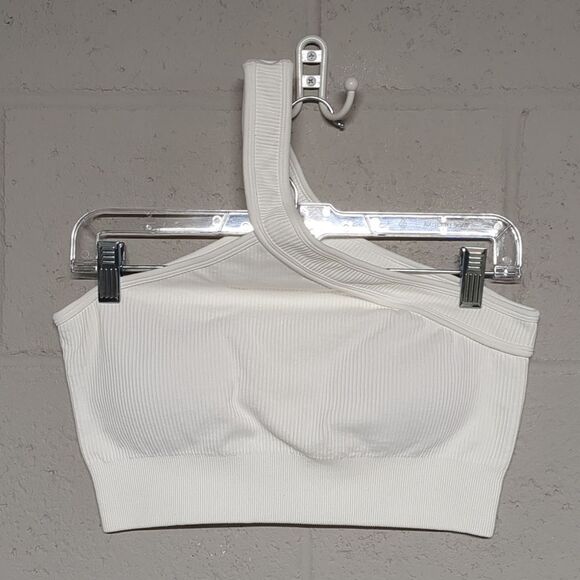 White One Shoulder Sports Bra Padded Yoga Bra Seamless Bralette Size Lg NWOT - Picture 1 of 6